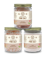 3 jars of our Pure Indian Foods Himalayan Pink Salt. In three different varieties: crystal salt stones, coarse granulated, and fine granulated.