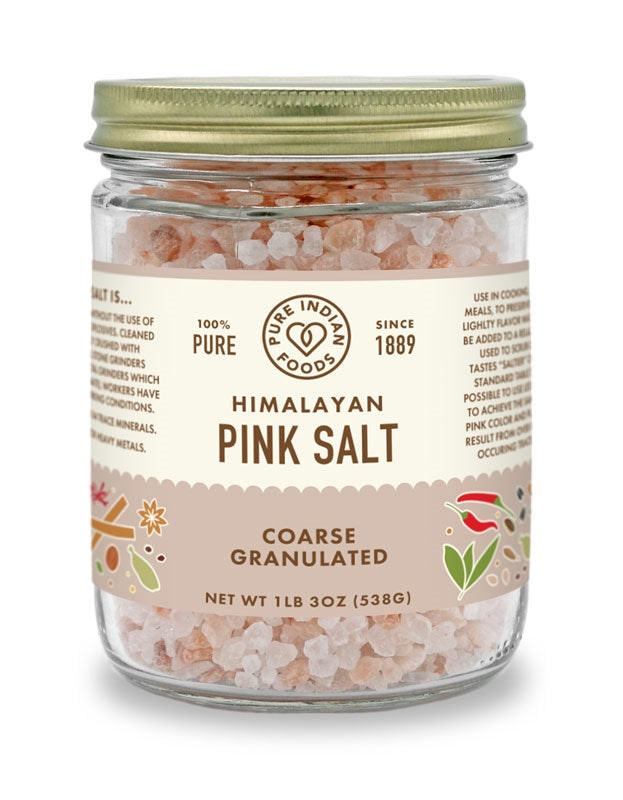 Pure Indian Foods Himalayan Pink Salt, Coarse Granulated, in a glass jar, 1 lb 3 oz