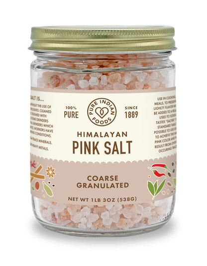 Pure Indian Foods Himalayan Pink Salt, Coarse Granulated, in a glass jar, 1 lb 3 oz