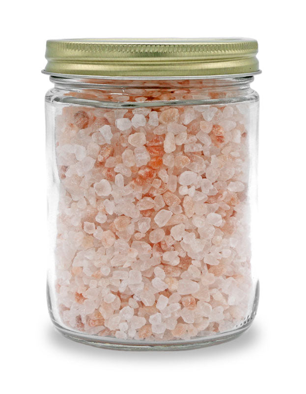 What a jar of our course granulated pure pink salt looks like without the label.