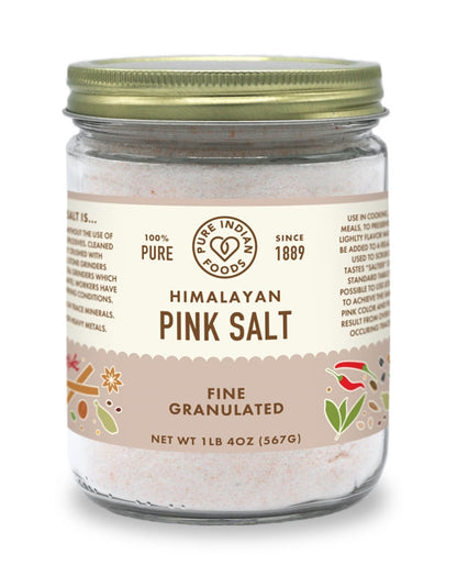 Pure Indian Foods Himalayan Pink Salt, fine granulated, in a glass jar, 1 lb 4 oz