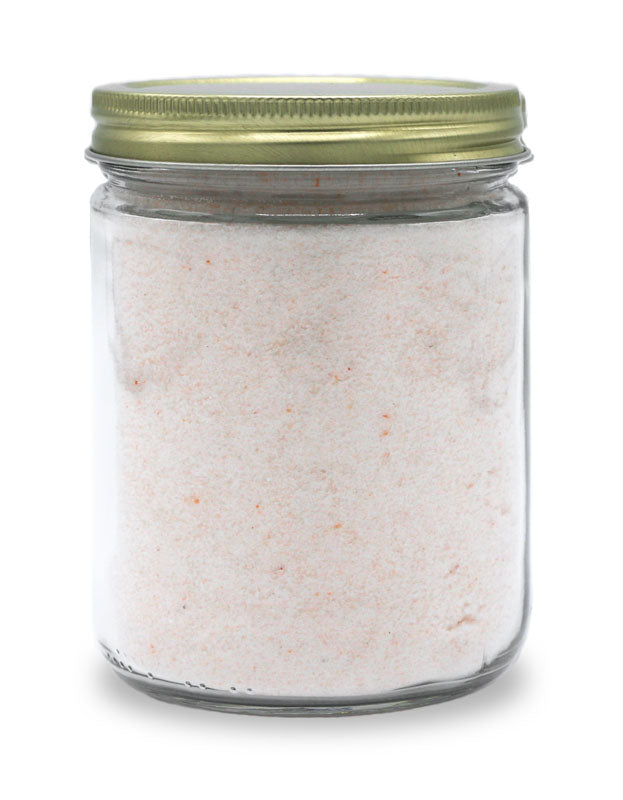 What a jar of our fine ground pink salt looks like without the label.