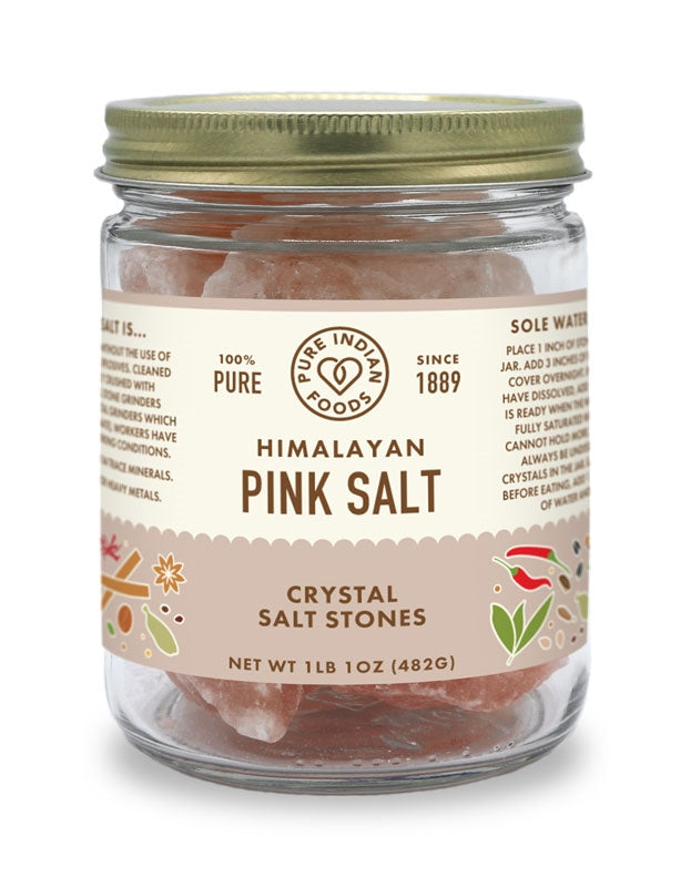 Pure Indian Foods Himalayan Pink Salt, crystal salt stones, in a glass jar, 1 lb 1 oz