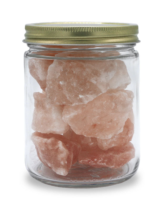 What a jar of our pure pink salt crystal stones looks like without the label.