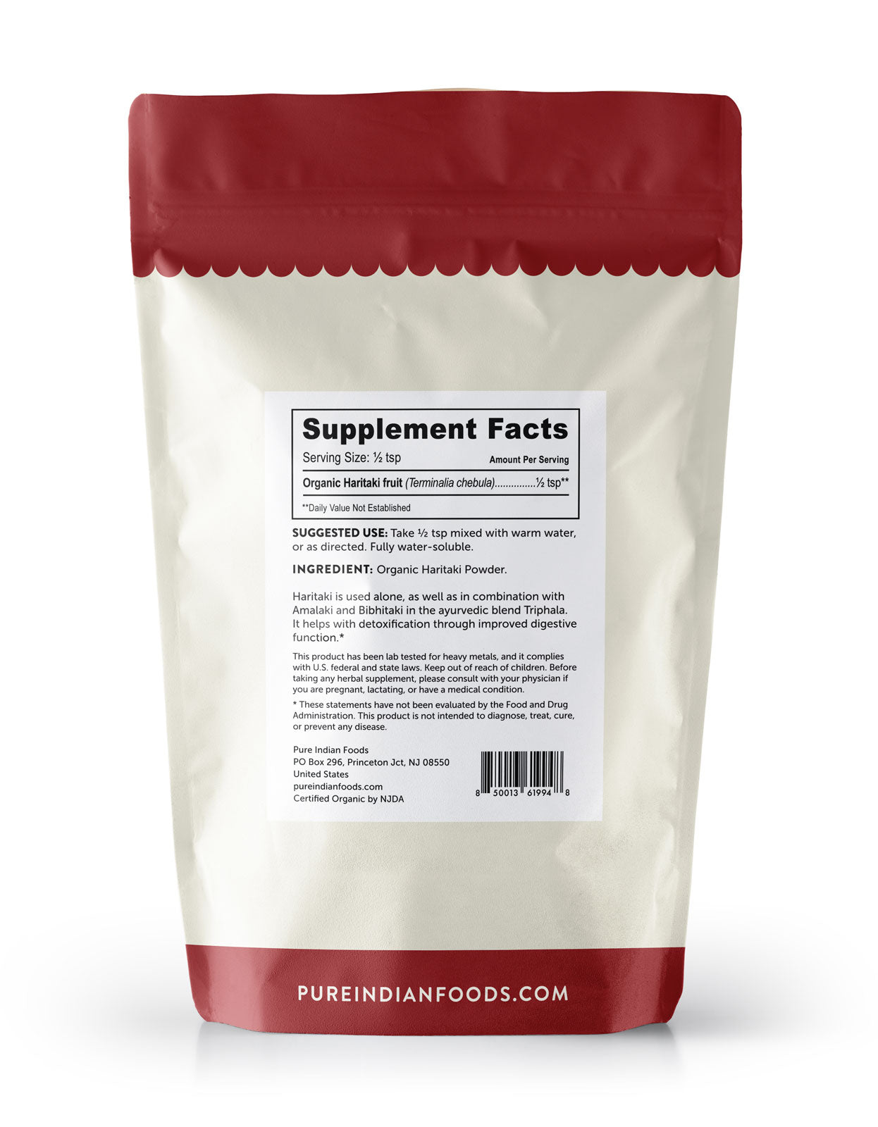 Supplement Facts label for a bag of Organic Haritaki Powder from Pure Indian Foods.