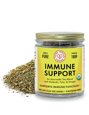 A jar of Immune Support Tea from Pure Indian Foods, an ayurvedic tea blend with gudichi, tulsi, and ginger.