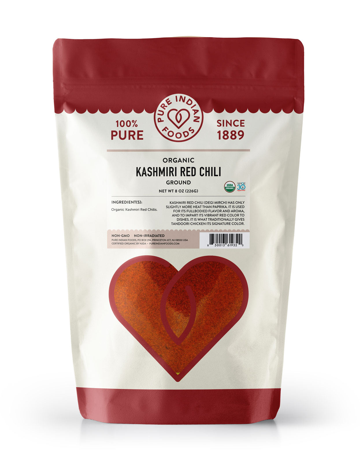 Bag of Pure Indian Foods Kashmiri Chili Powder (deggi mirch). Certified organic. 100% Pure. No dyes, coloring, or additives. Non-irradiated. Beautiful, rich, red color and mild flavor. Perfect for Tandoori Chicken.