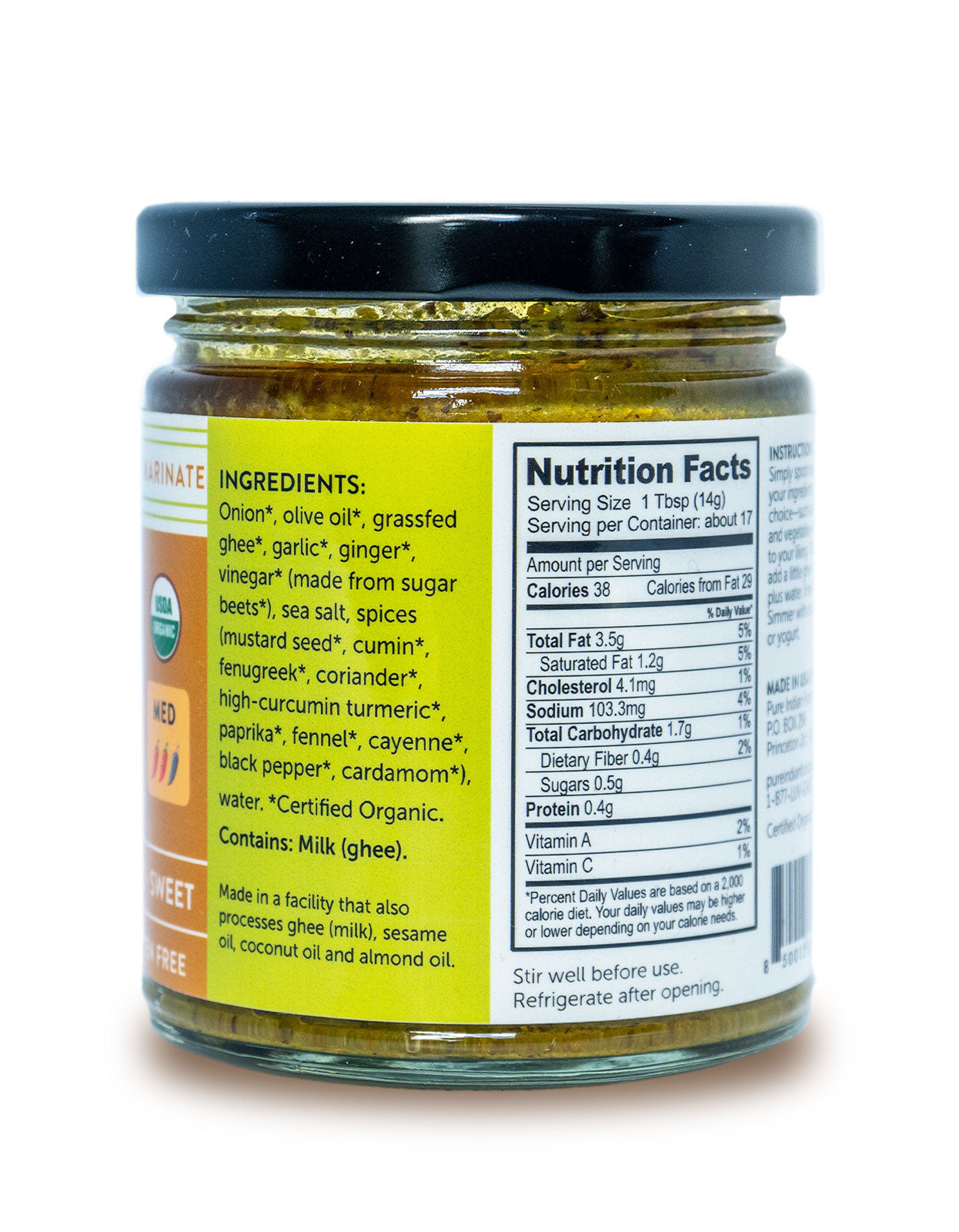 Ingredients label and Nutrition Facts label on a jar of Pure Indian Foods Keto in A Hurry