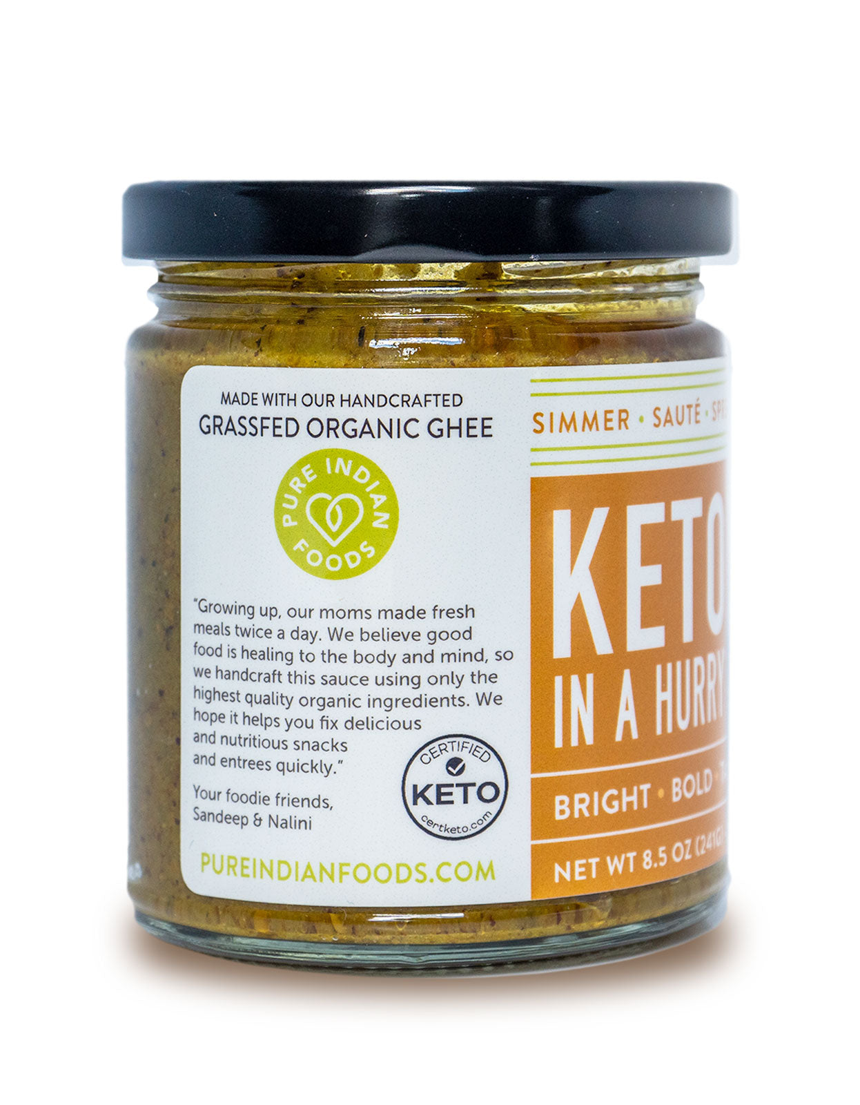 Side label of a jar of Pure Indian Foods Keto In A Hurry organic keto curry sauce