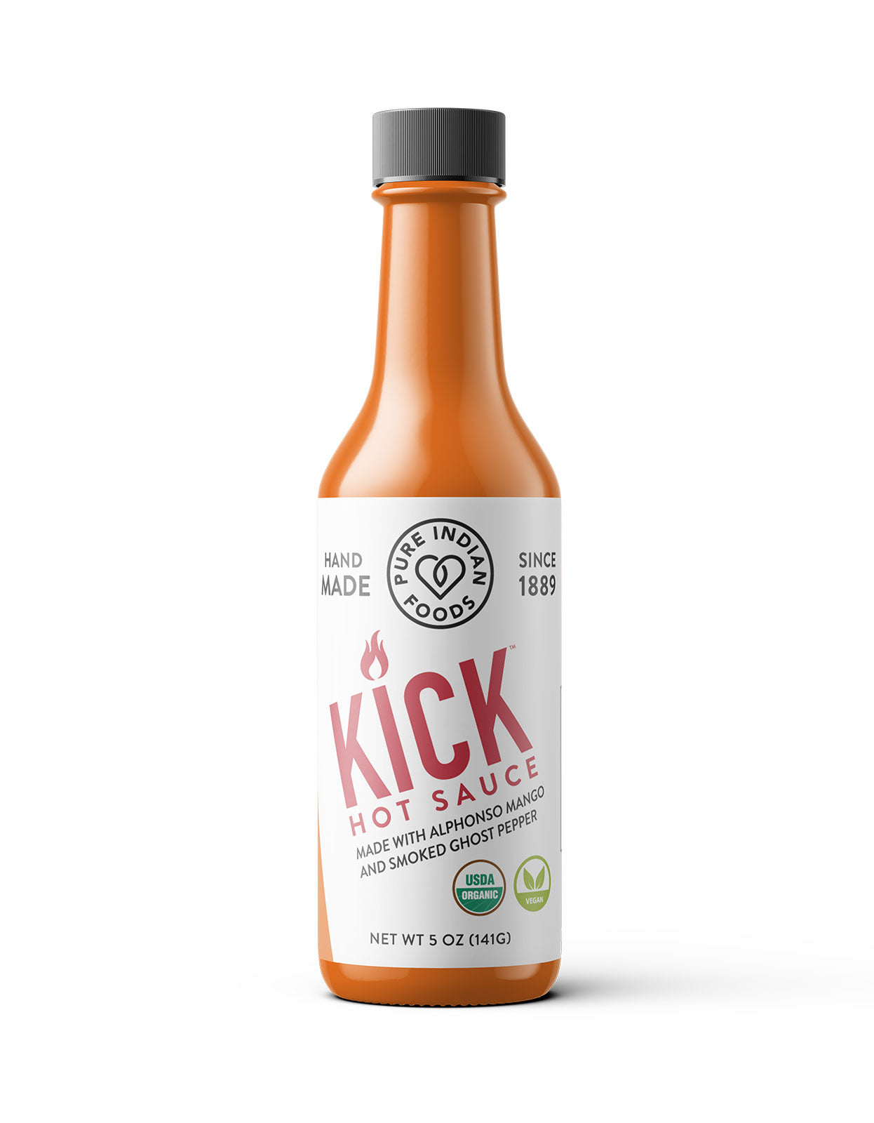 1 bottle of Pure Indian Foods KICK Hot Sauce. A certified organic, Mango Ghost Pepper Hot Sauce made with Alphonso mango and smoked Ghost pepper