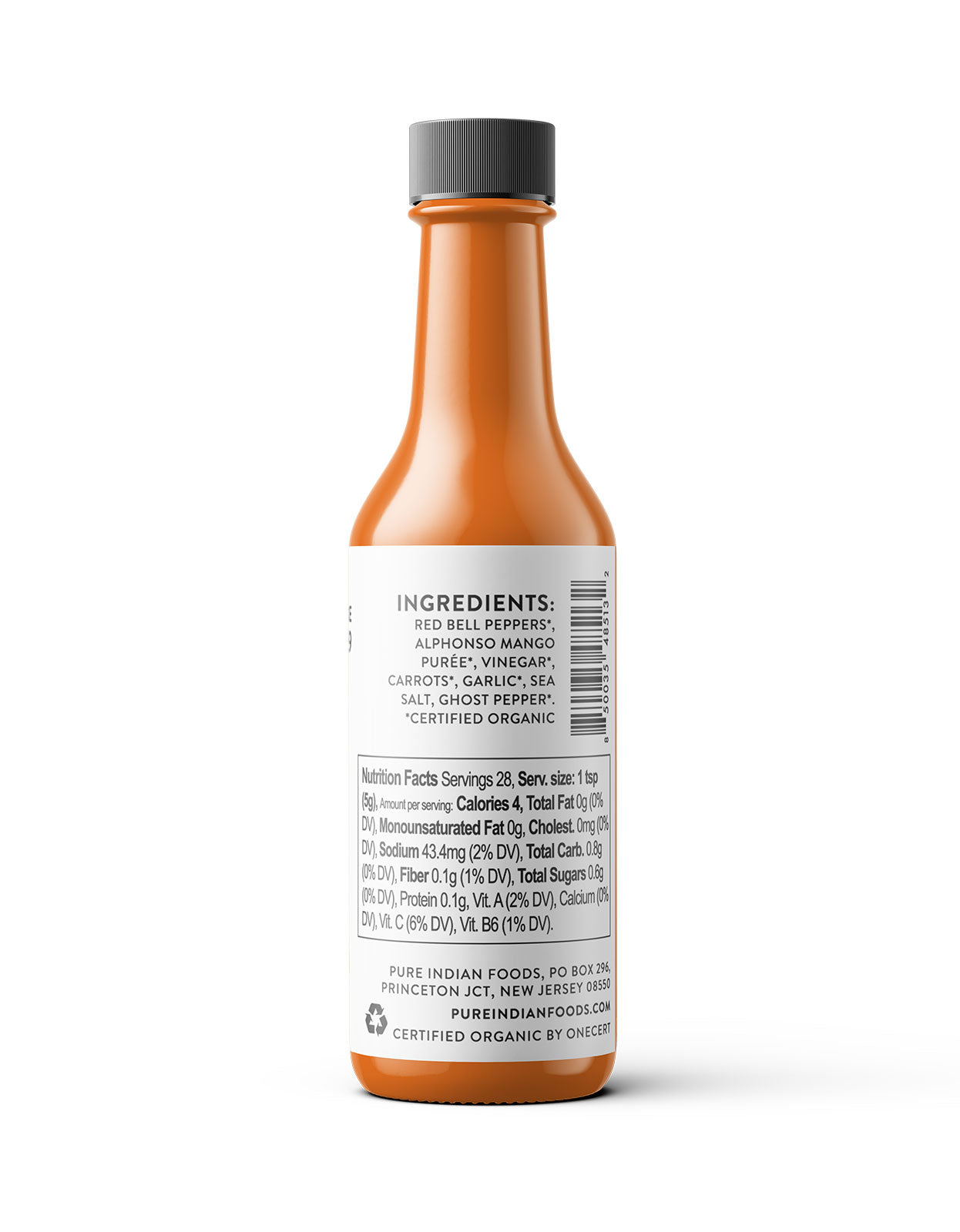 Ingredients label on a bottle of Pure Indian Foods KICK Hot Sauce, an organic Mango hot sauce made with red bell peppers, aphonso mango puree, vinegar, carrots, garlic, seal salt, and smoked Ghost pepper