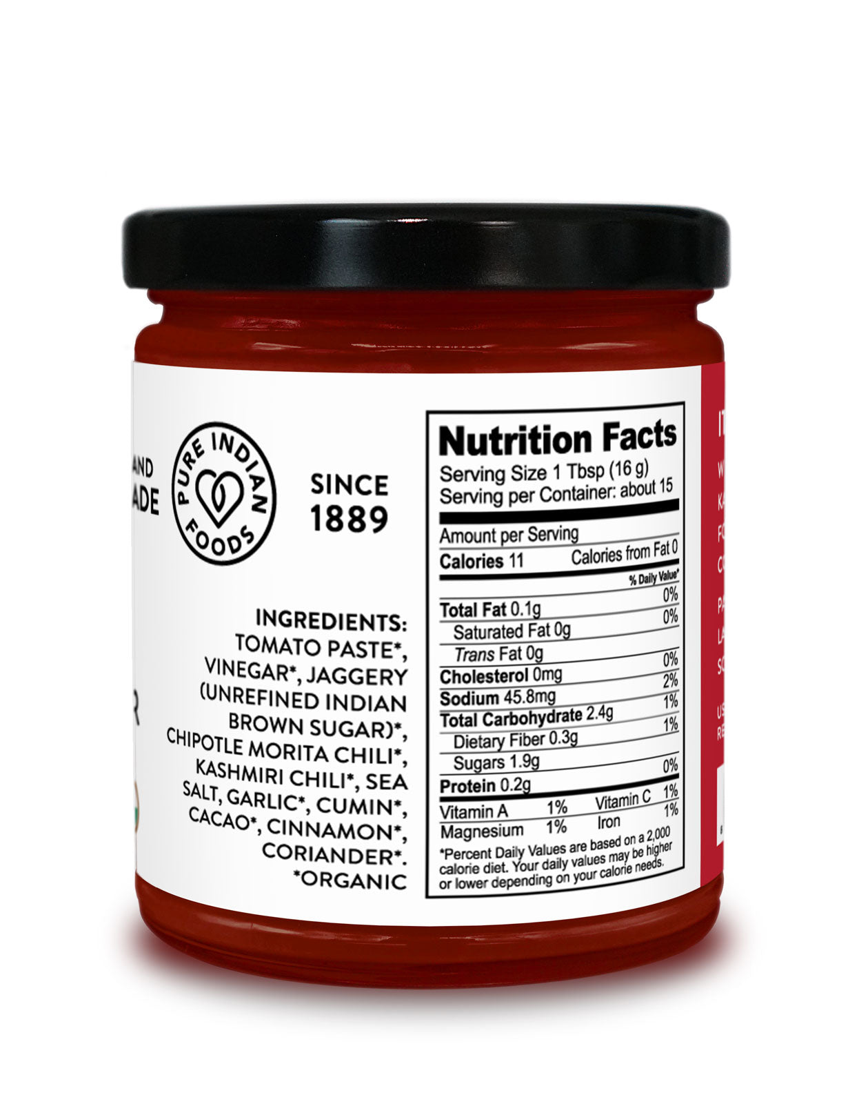 Nutrition Facts and Ingredients Label for a jar of Pure Indian Foods KICK Ketchup, a spicy ketchup made with chipotle peppers, unrefined jaggery instead of sugar, and indian seasonings. 