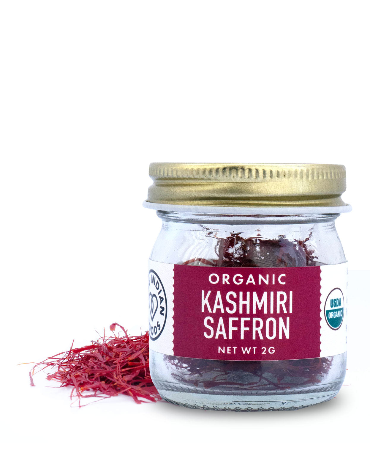 Pure Indian Foods Organic Kashmiri Saffron, 2g, packaged in a glass jar.