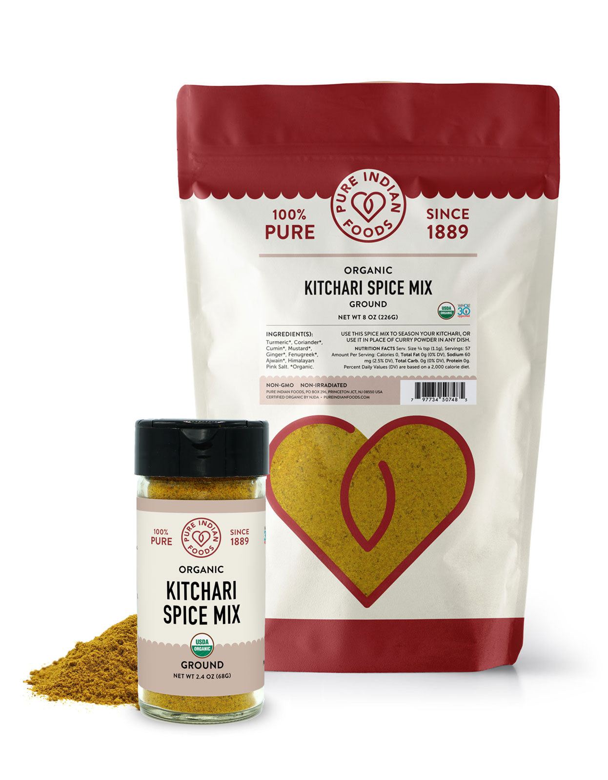 Organic Kitchari Spice Mix from Pure Indian Foods, in both an 8oz bag and 2.4oz glass bottle