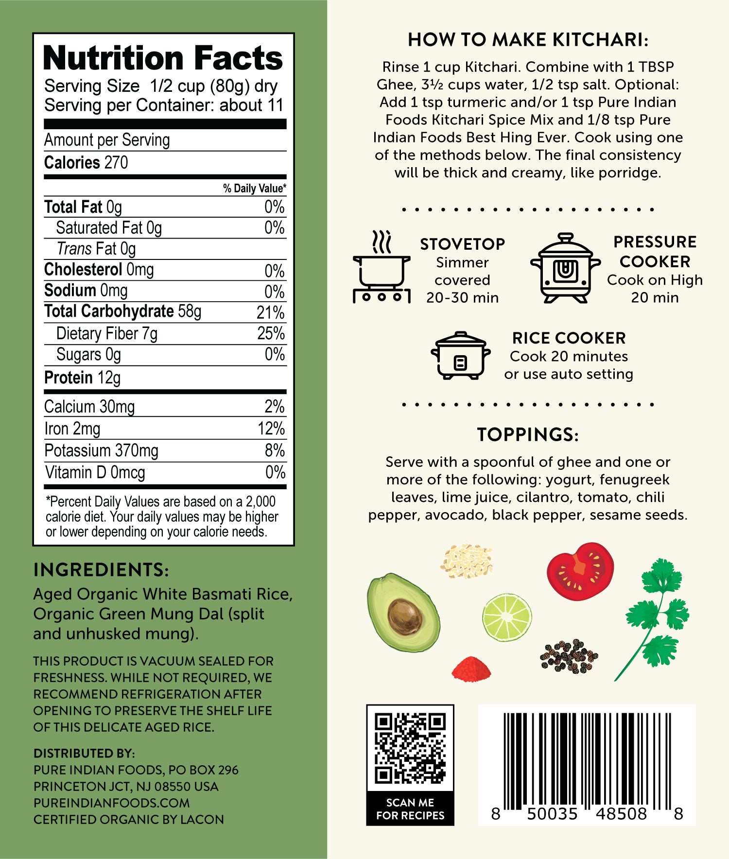 Back label of Organic Kitchari from Pure Indian Foods. Nutrition Facts label and Cooking Instructions displayed. Ingredients: Aged Organic White Basmati Rice and Organic Green Mung Dal.