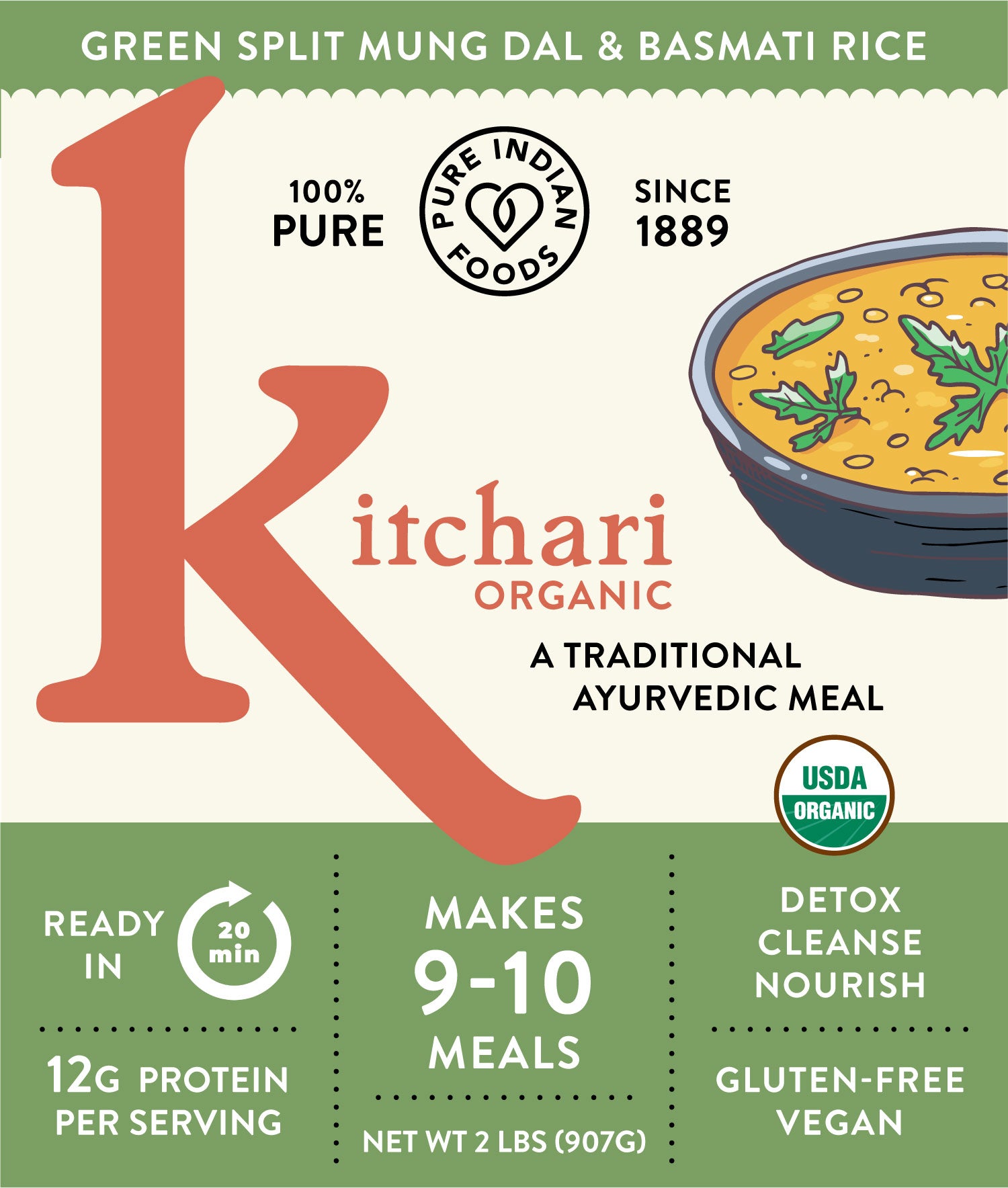 Front label of Pure Indian Foods Organic Kitchari made with Green Split Mung Dal and Aged Himalayan Basmati Rice. A traditional ayurvedic meal. 
