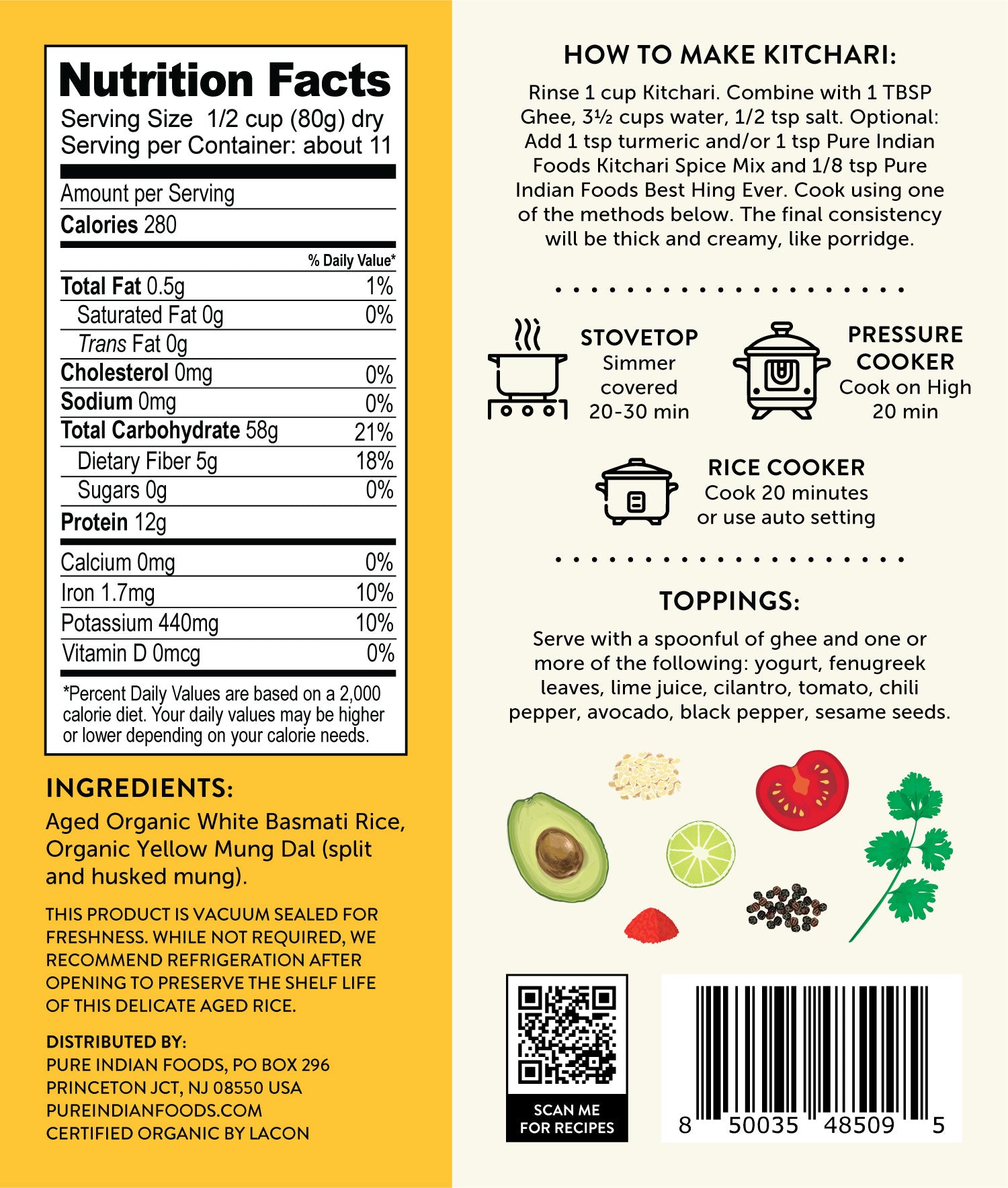 Back label of a package of Pure Indian Foods Organic Kitchari. Nutrition Facts and Cooking Instructions. Made with aged organic white basmati rice and organic yellow mung dal.