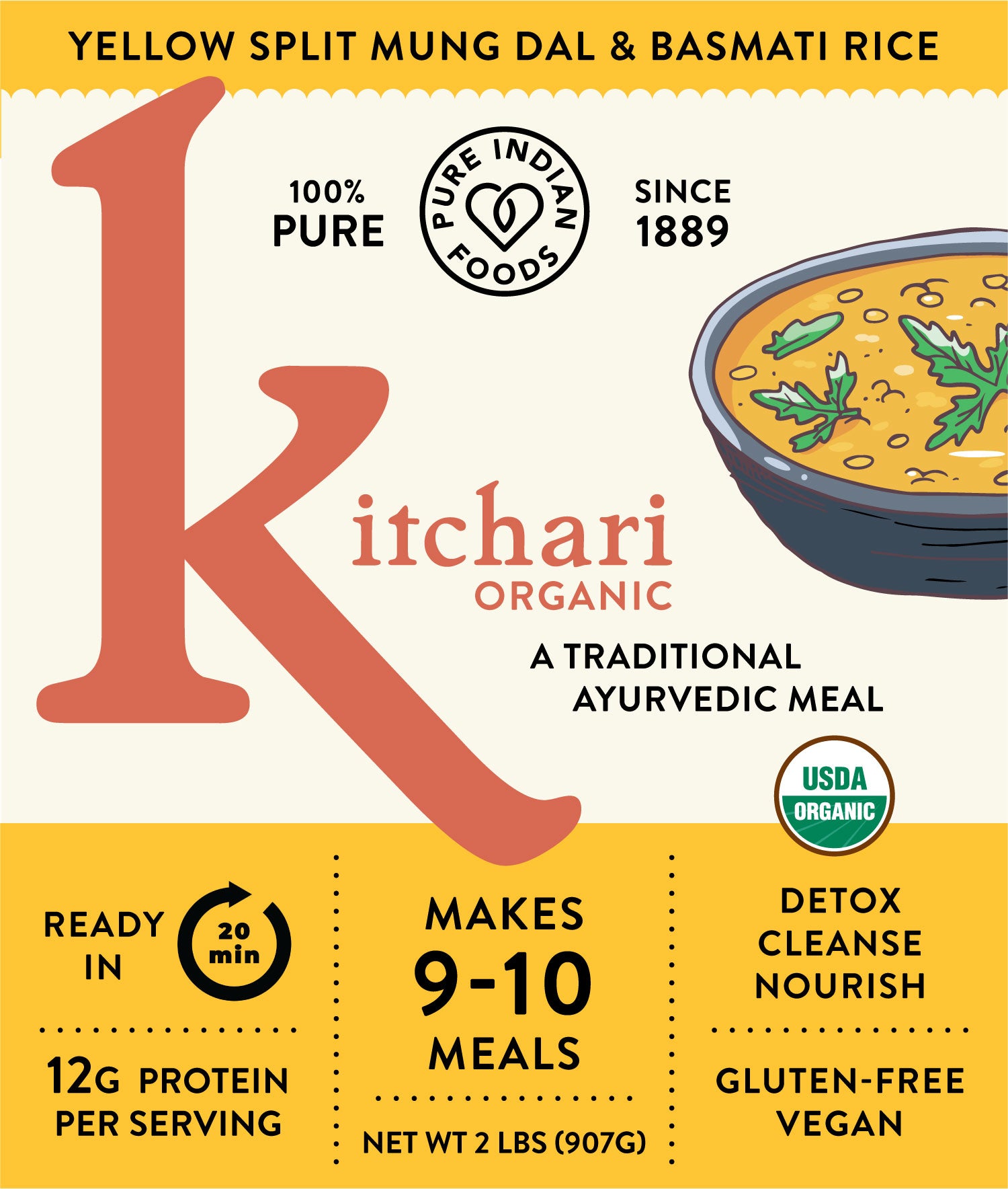 Organic Kitchari from Pure Indian Foods, made with yellow split mung dal and aged himalayan basmati rice. A traditional ayurvedic meal. Detox. Cleanse. Nourish.