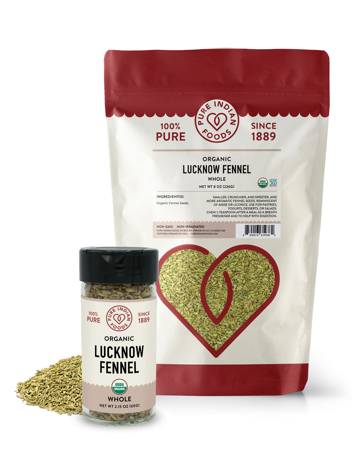 Two packages of organic fennel seeds from Pure Indian Foods. The first is a small bottles of whole lucknow fennel seeds, and the second is a large bag of the same.