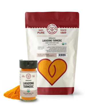 Pure Indian Foods Organic Lakadong Turmeric Powder with more than 8% naturally occurring curcumin in it.