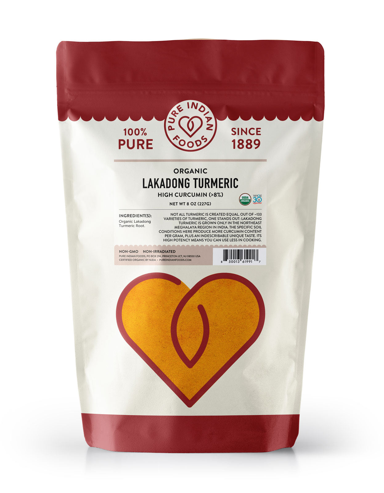 Bag of Pure Indian Foods Organic Lakadong Turmeric Powder. Label shows it's a high curcumin turmeric (>8%)