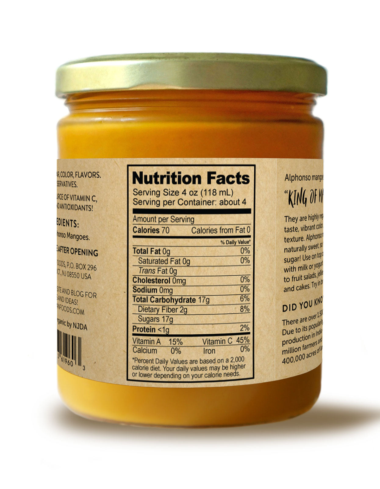 jar of alphonso mango puree containing 100% pure organic mango pulp with side of label displaying the nutrition facts