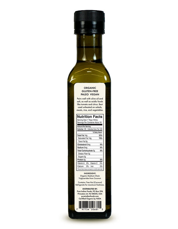 Nutrition Facts label on a bottle of organic mct oil from Pure Indian Foods