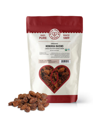 1 bag of organic monukka riaisns from Pure Indian Foods, large raisins with edible seeds