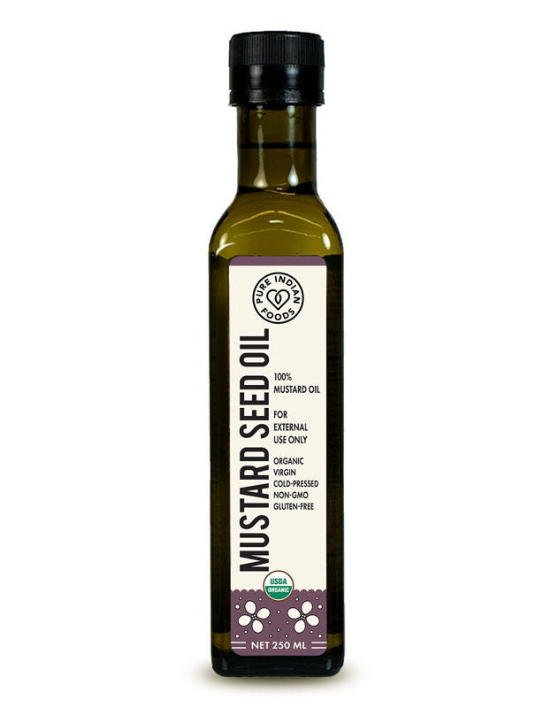 1 bottle of Pure Indian Foods Organic Mustard Seed Oil. Pure mustard oil that's cold-pressed, non-gmo, and gluten-free.