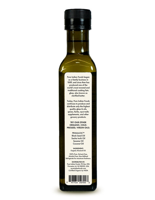 Back label of a bottle of Pure Indian Foods Organic Mustard Seed Oil, a pure mustard oil that's cold-pressed & virgin.