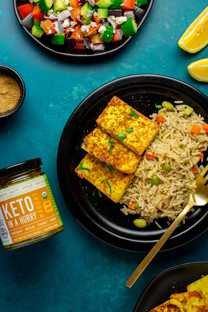Grilled tempeh and indian rice made with our keto curry sauce