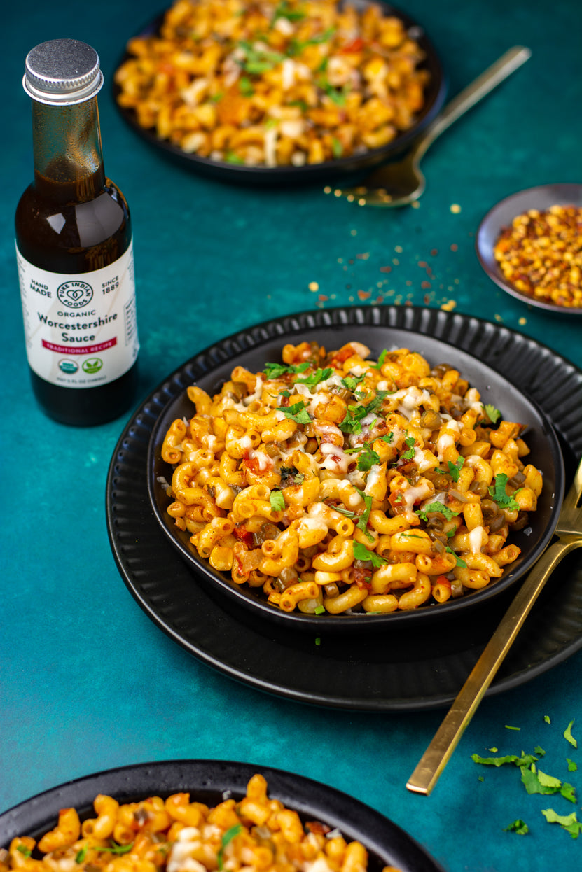 Masala Mac made with our Pure Indian Foods vegan Worcestershire sauce