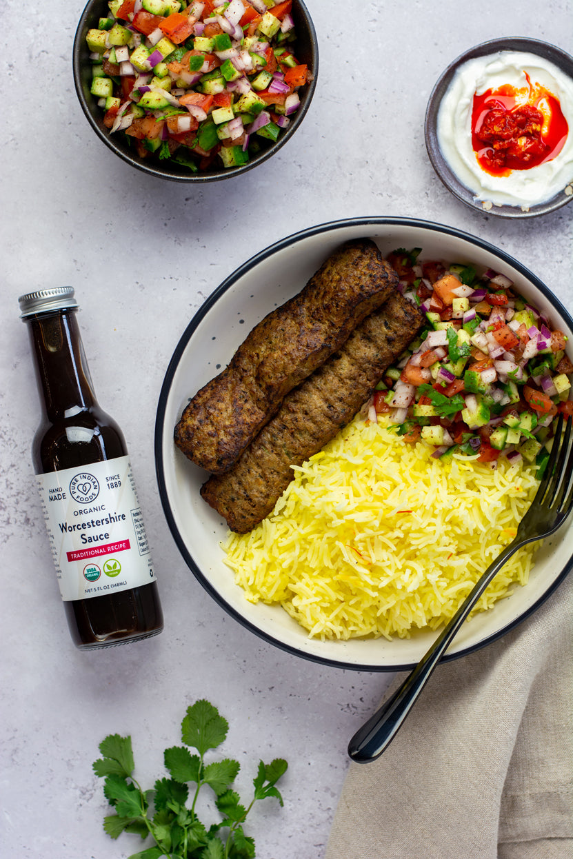 Saffron rice and grilled tempeh marinated in our Pure Indian Foods organic Worcestershire sauce that's been batch-tested gluten-free.