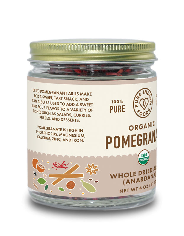 Side label on a jar of Pure Indian Foods Organic Anardana. Copy says they make for a sweet, tart snack and can also be used to add a sweet and sour flavor to a variety of dishes such as salads, curries, pulses, and desserts.