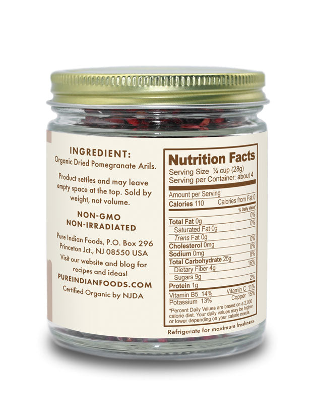 Nutrition Facts label on a jar of dried pomegranate arils from Pure Indian Foods.