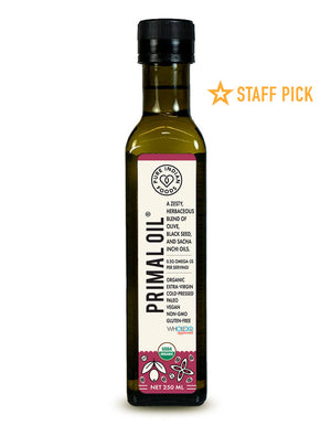 Primal Oil, an oil blend made with olive oil, black seed oil, and sacha inchi oil from Pure Indian Foods
