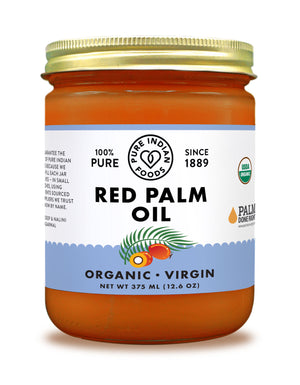 1 jar of Red Palm Oil from Pure Indian Foods. Certified Organic. 100% Sustainable. Deforestation-free. Palm Done Right certified.