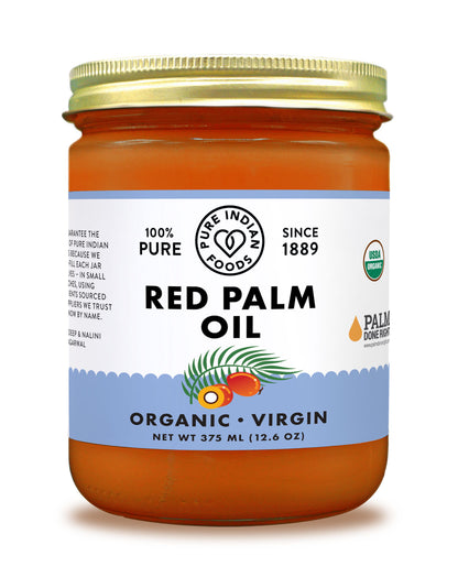 1 jar of Red Palm Oil from Pure Indian Foods. Certified Organic. 100% Sustainable. Deforestation-free. Palm Done Right certified.