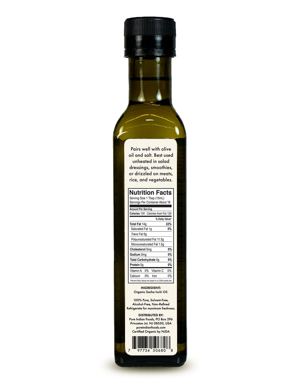 Nutrition facts label on a bottle of Pure Indian Foods organic sacha inchi oil.