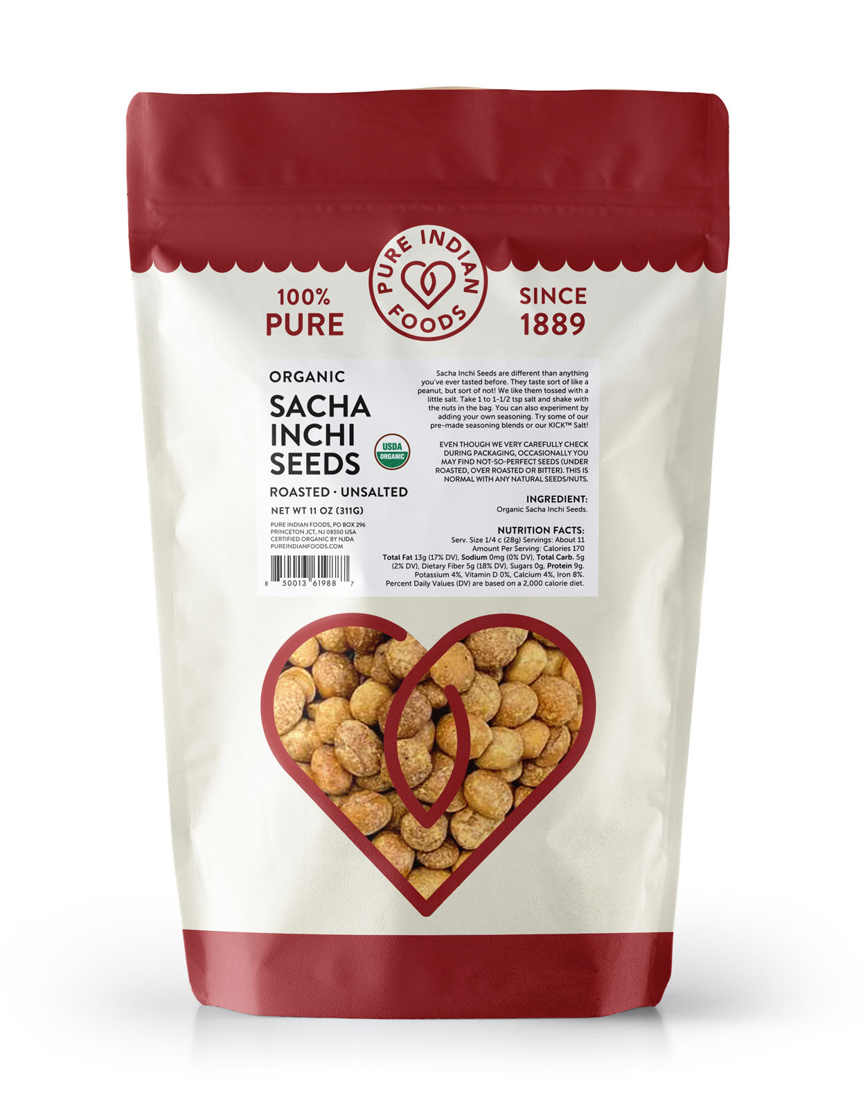 1 bag of Pure Indian Foods Organic Sacha Inchi Seeds, roasted and unsalted.