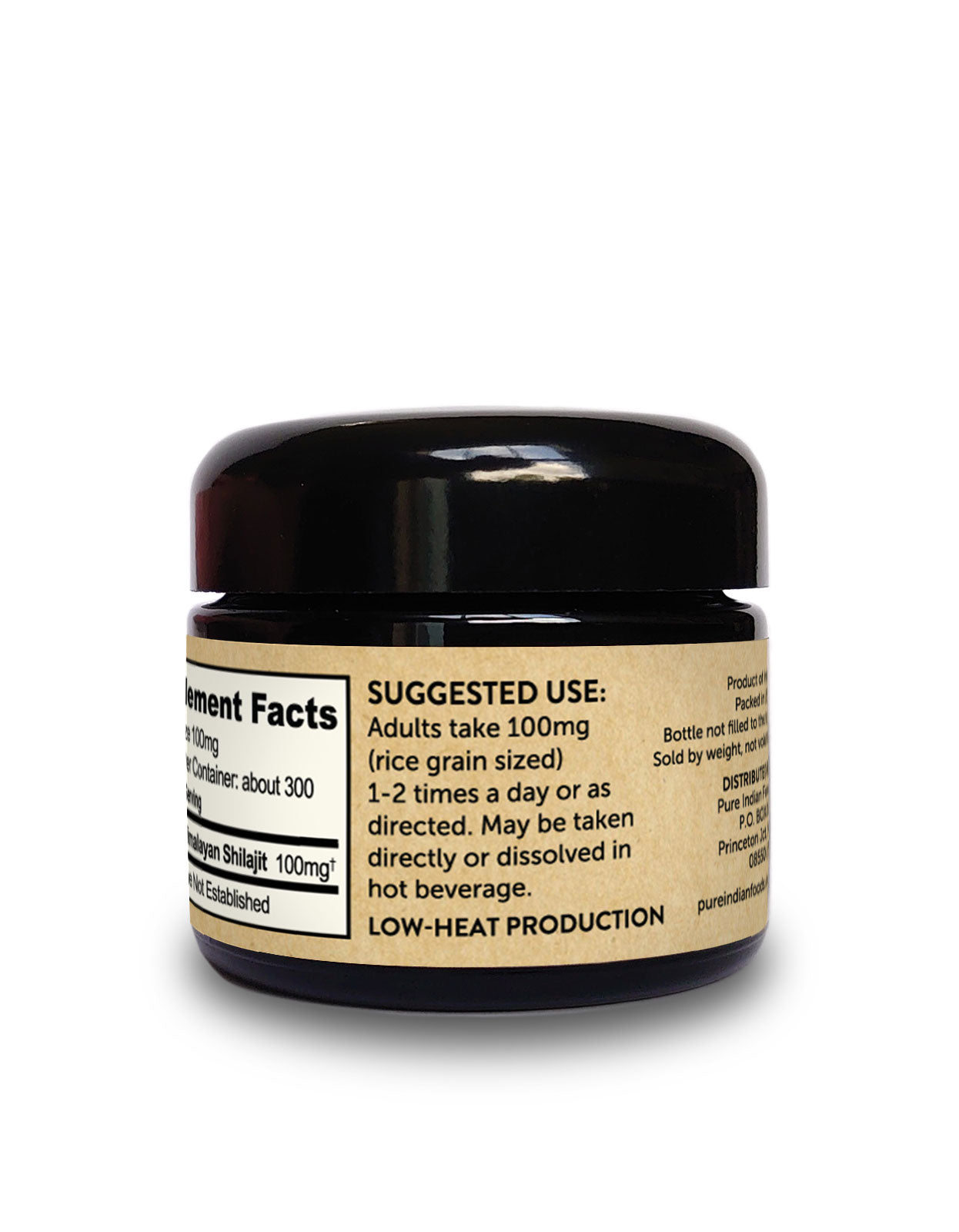 Suggested Use label on jar of Best Ever Shilajit, a pure himalayan shilajit resin. Suggests adults take 100mg 1-2 times a day or as directed. Low-heat production.