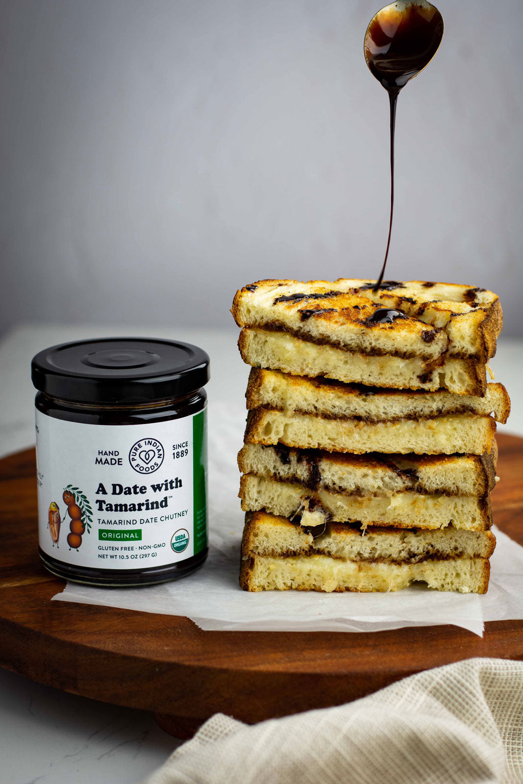 Grilled cheese on toast drizzled with the organic tamarind date chutney from Pure Indian Foods