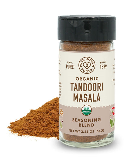 Jar of Organic Tandoori Masala seasoning blend with a white background