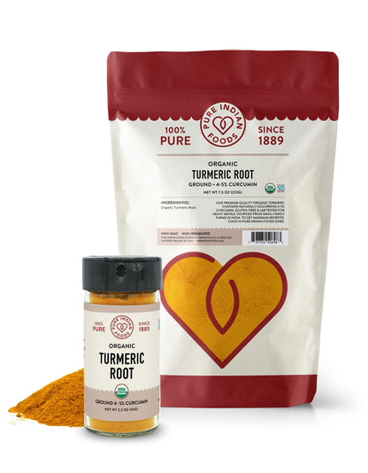 Pure Indian Foods Organic Turmeric Powder with 4-5% naturally occurring high curcumin content.