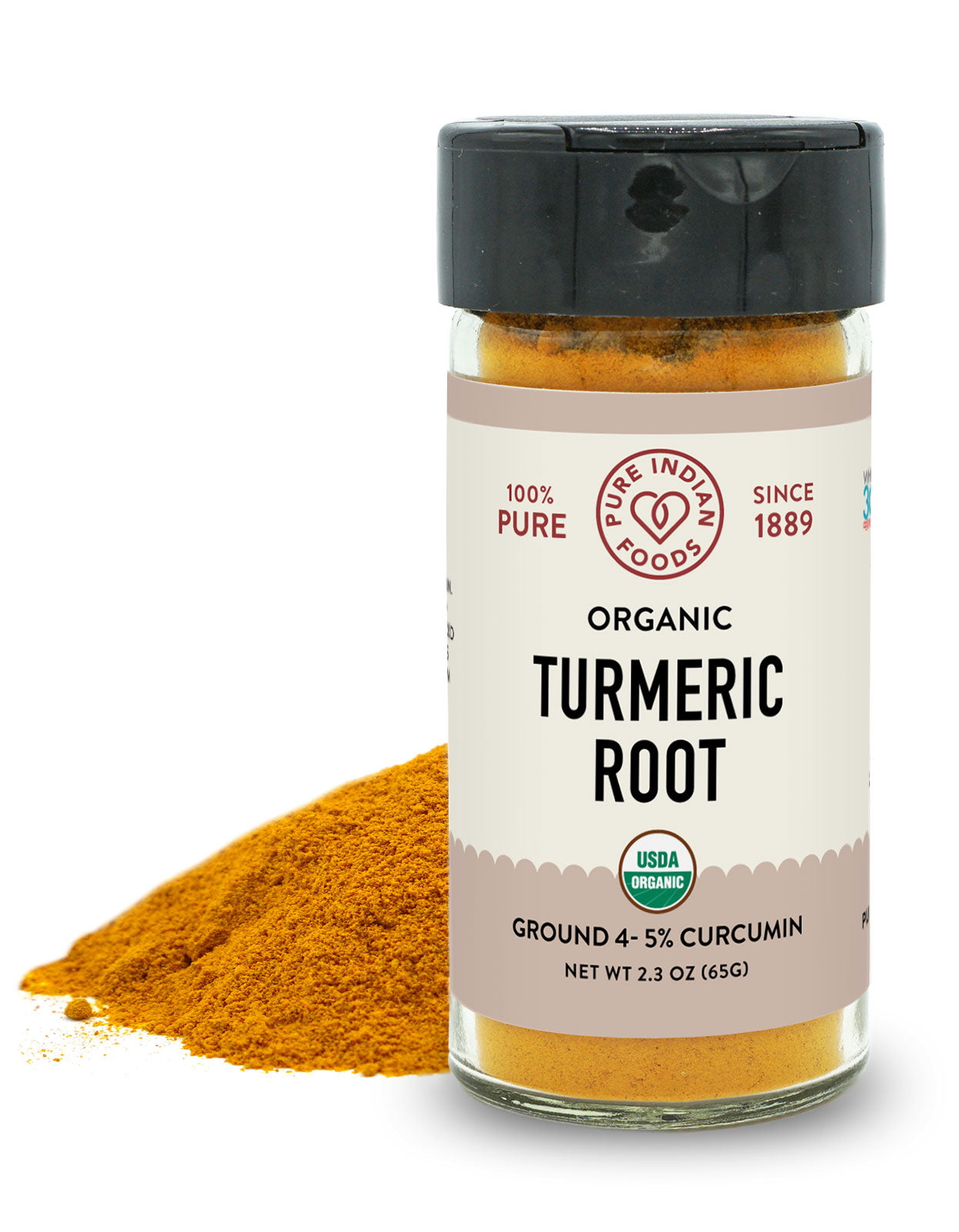 Jar of Pure Indian Foods Organic Tumeric Powder. Label says it's 100% pure turmeric powder, with 4-5% curcumin.