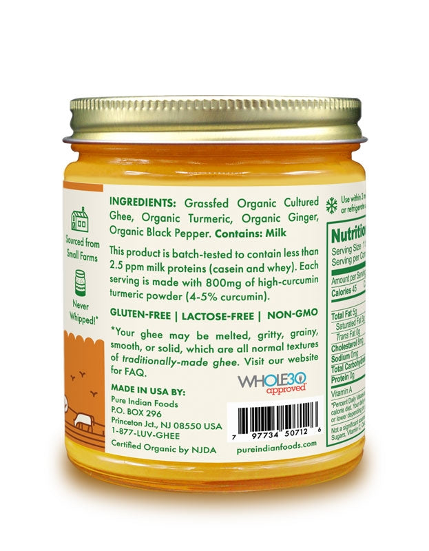 Ingredients label on a jar of our organic turmeric ghee. Ingredients: grassfed organic cultured ghee, organic turmeric, organic ginger, organic black pepper. This product is batch-tested to contain less than 2.5 ppm milk proteins (casein and whey). Each serving is made with 800mg of high-curcumin turmeric powder (4-5% curcumin).