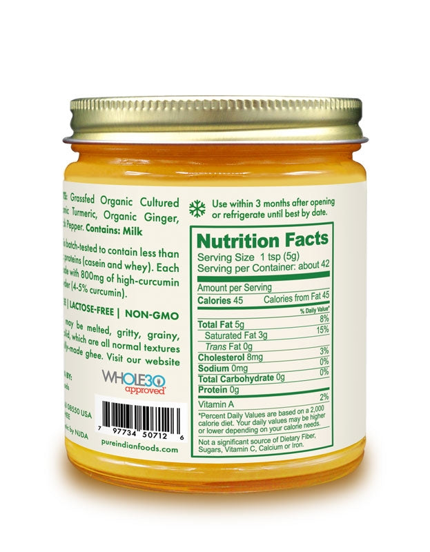 Nutrition Facts label on our Turmeric Superghee, an organic, grassfed turmeric ghee made with high-curcumin turmeric