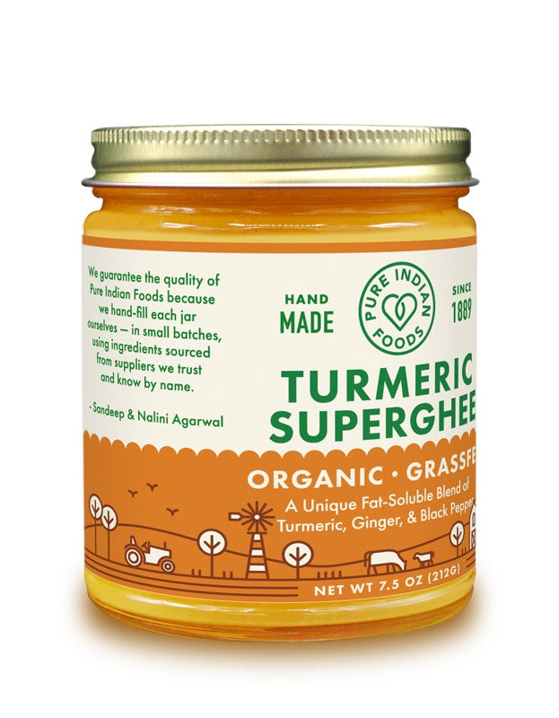 Side label on a jar of our Turmeric Superghee. We guarantee the quality of Pure Indian Foods because we hand-fill each jar ourselves, in small batches, using ingredeints sourced from suppliers we trust and know by name.