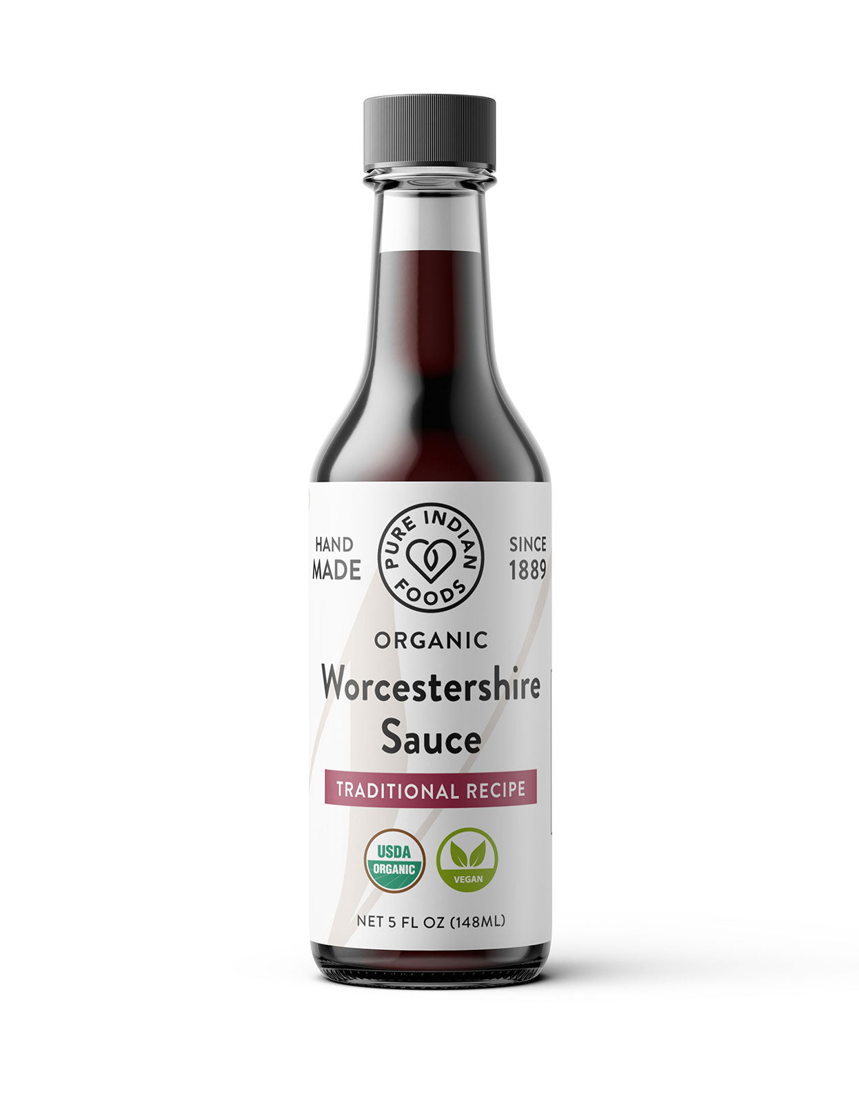 Bottle of Organic Worcestershire Sauce from Pure Indian Foods. Gluten-free.