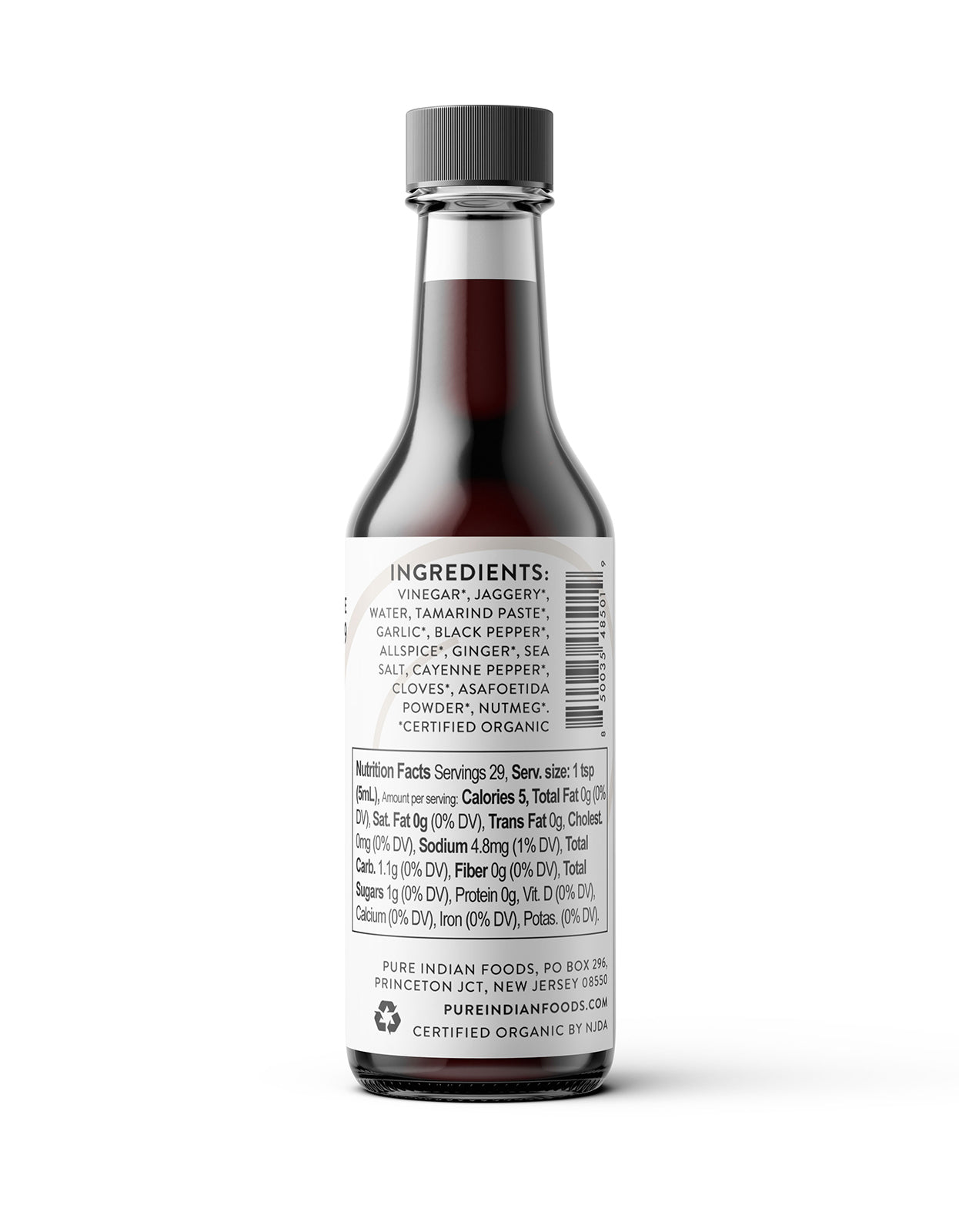 Ingredients Label and Nutrition Facts Label on a bottle of Pure Indian Foods Organic Worcestershire Sauce. Batch-tested gluten-free.